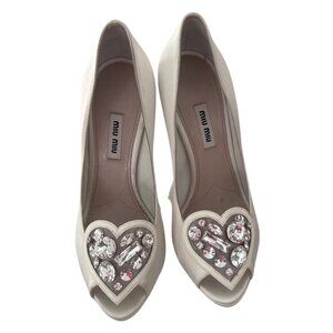 Miu Miu white satin jeweled crystal heart platform heels size 38